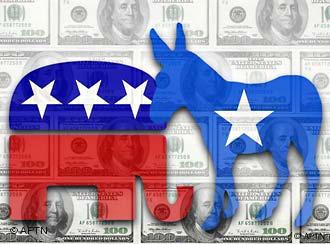 Montage of the Democratic donkey and Republican elephant superimposed on $100 bills