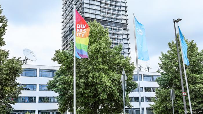 Diversity flag in front of DW building